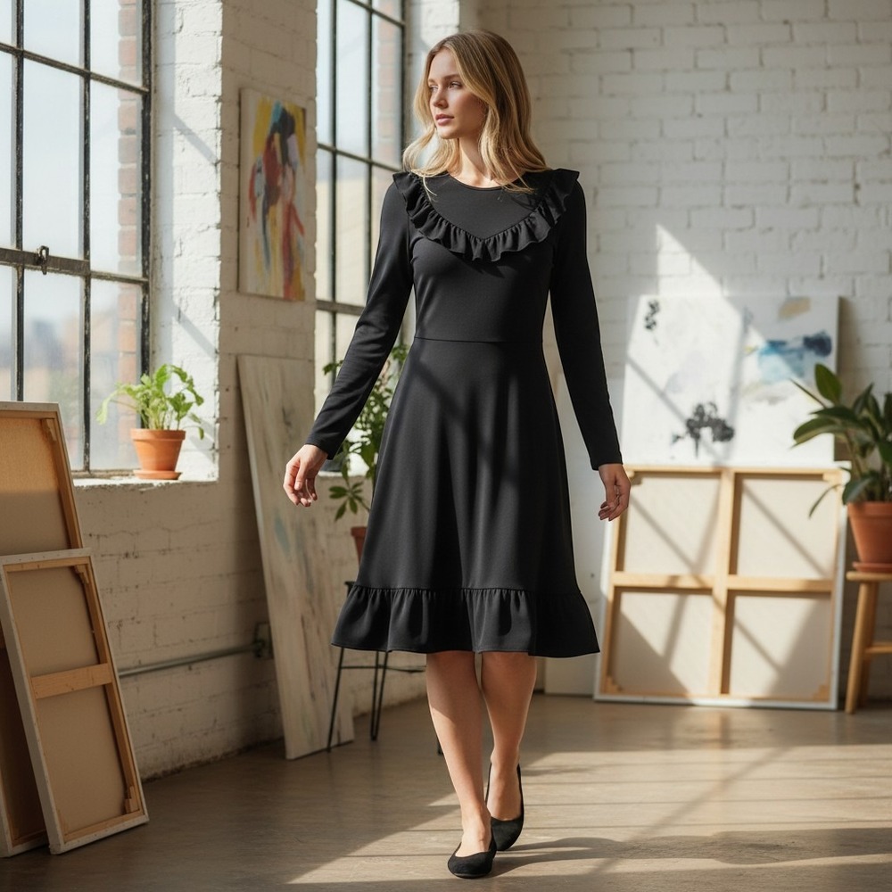 Ann Taylor Black Ruffle‎ Neck Long Sleeve Flare Hem Midi Dress Size 6